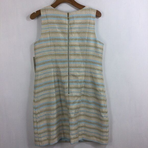 Eliza J Striped Tweed Dress Cream Blue Gold Metallic Shimmer Size 14 - Picture 3 of 10